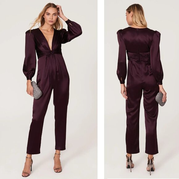 Ieena Mac Duggal V-Neck Jumpsuit Size 6 Puff Sleeve Deep V Plum Purple Party - Picture 1 of 9